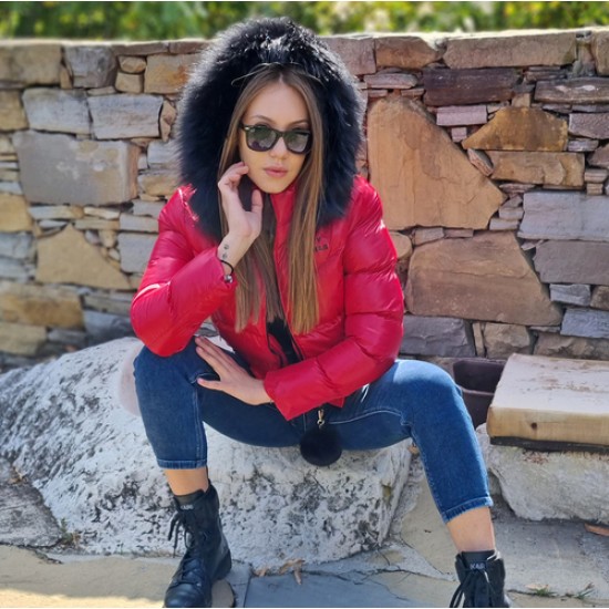 Дамско пухено яке с качулка, City Angels Jeans, Червено, 6818